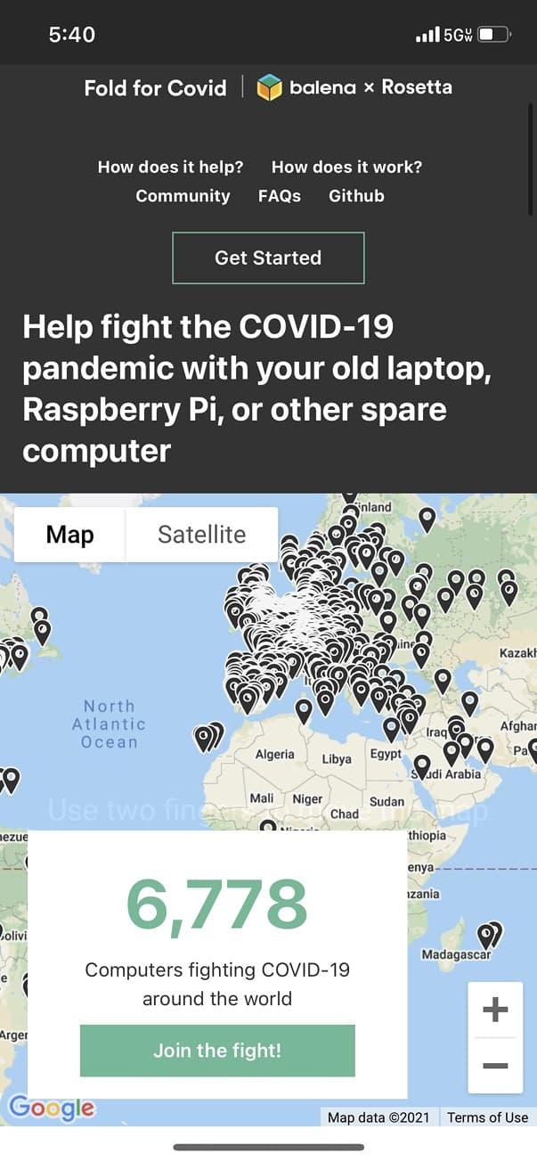 The Fold for Covid site showing a world map covered in contributor pins and a counter reading 6,778 computers fighting COVID-19 around the world