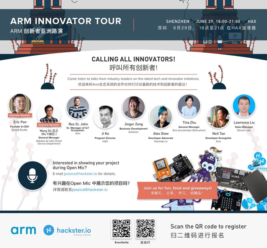 The bilingual event flyer for the Shenzhen stop, listing nine speakers from Seeed Studio, Alibaba, Arm, HAX, Auterion, Hackster.io, Arm Accelerator and Silicon Labs