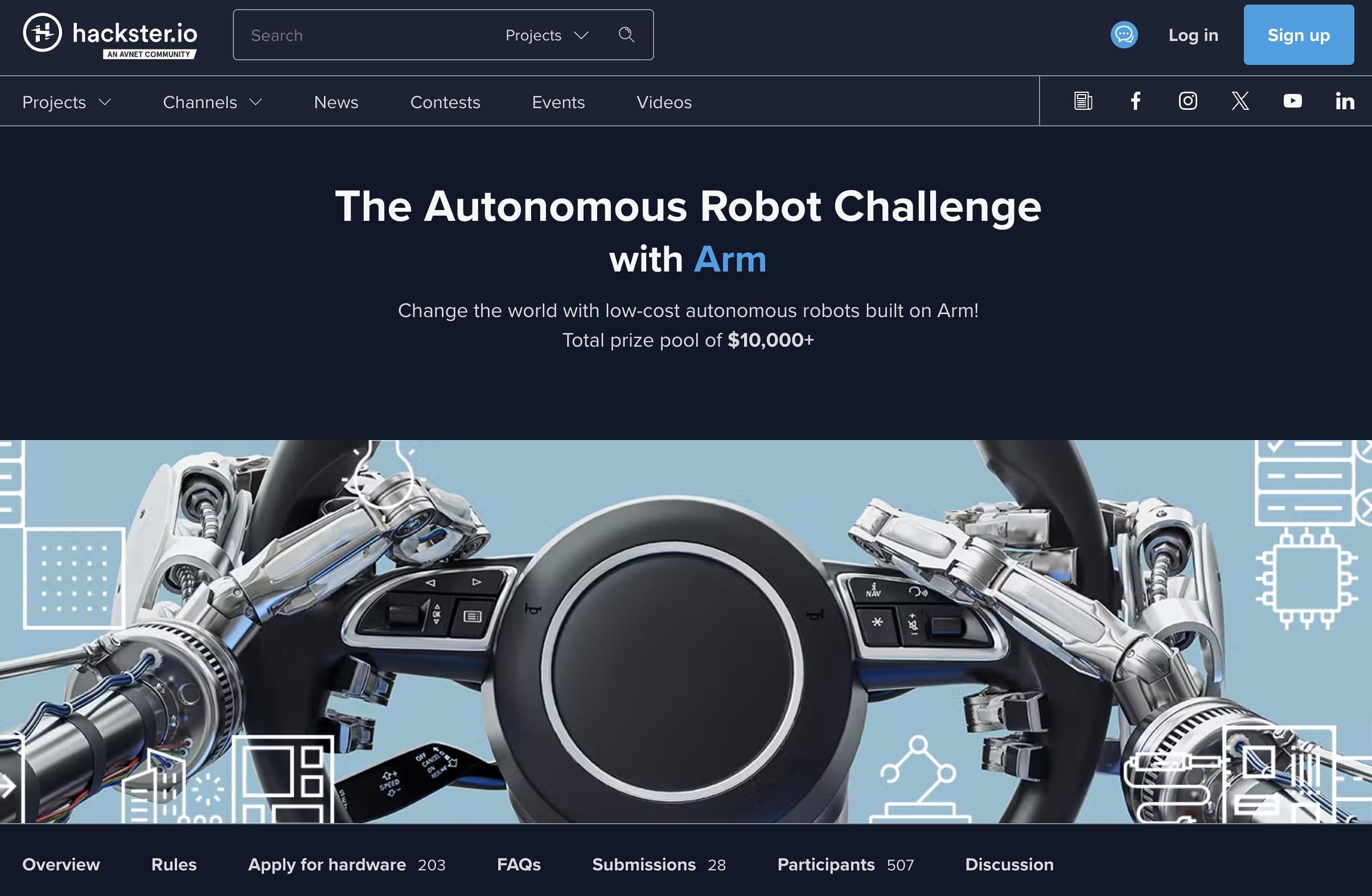 The Autonomous Robot Challenge page on Hackster.io, headed "Change the world with low-cost autonomous robots built on Arm" with a $10,000+ prize pool, and a tab bar reading 203 hardware applications, 28 submissions and 507 participants