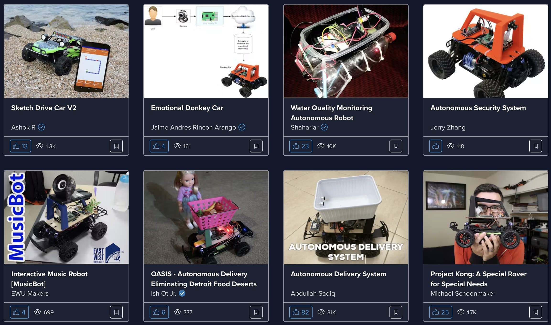 Eight more submitted projects, including Sketch Drive Car, an emotional donkey car, a water quality monitoring robot, an autonomous security system, MusicBot from EWU Makers, OASIS tackling Detroit food deserts, an autonomous delivery system and Project Kong, a rover for special needs