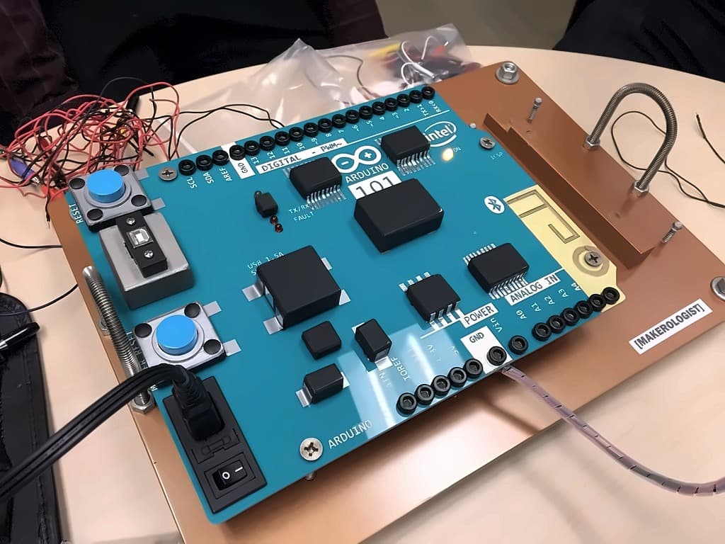 An Arduino 101 board with the Intel logo, mounted on a copper plate rig with two large blue buttons and a power switch, wired for a workshop demo