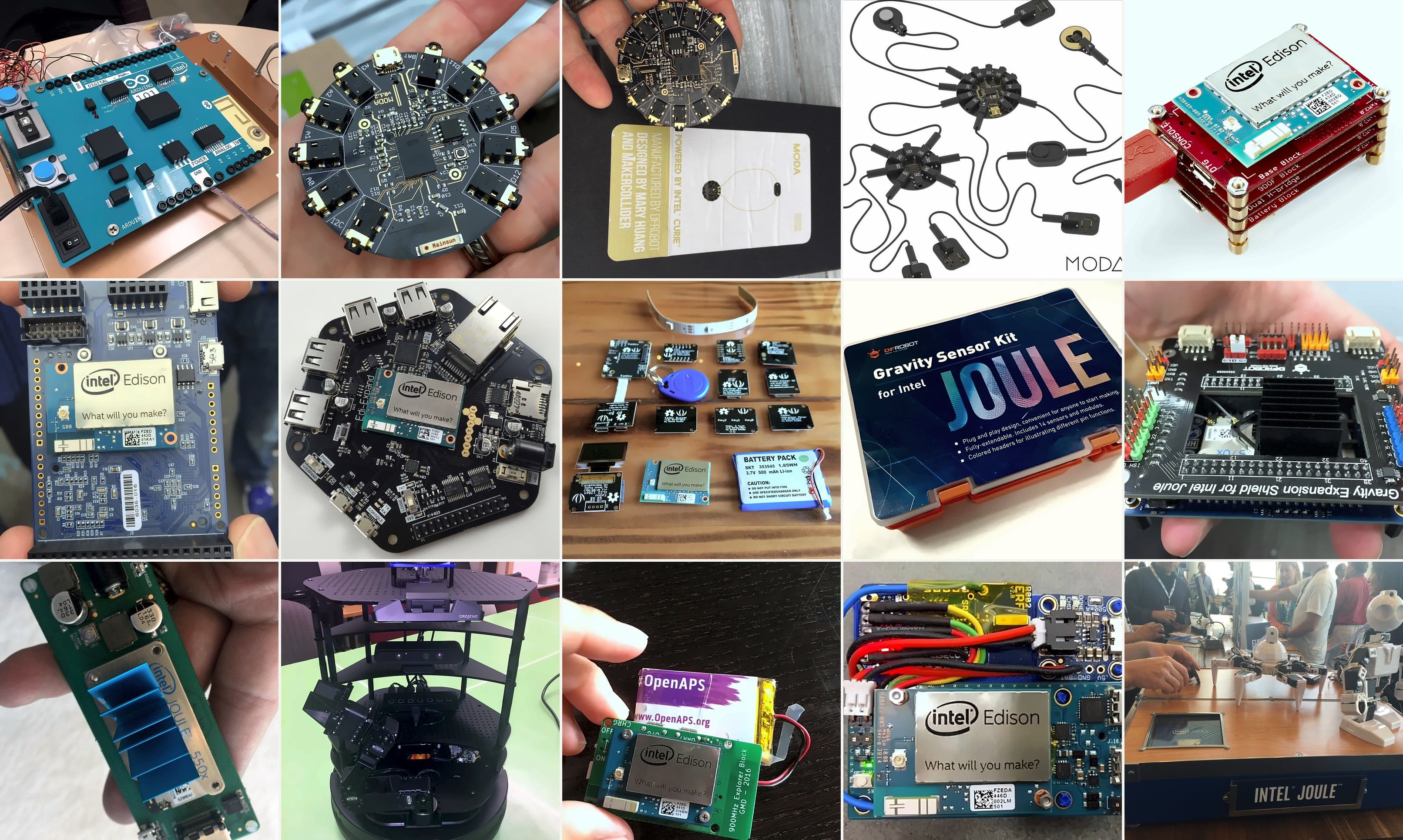 A grid of fifteen photos of hardware built around Intel's maker silicon — the Arduino 101, the MODA wearable boards and kit, Edison modules on stacked blocks, breakout, expansion and Xadow boards, the DFRobot Gravity kit and expansion shield for Joule, a Joule 550x module, a robot built on Joule, the OpenAPS Explorer Block, and walking robots on an Intel Joule demo table