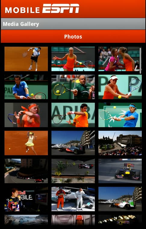 The Mobile ESPN photo gallery, a grid of sports photography on a black background under a red header