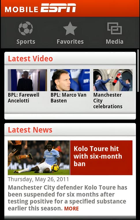 The app home screen with tabs for Sports, Favorites and Media above latest video and latest news sections