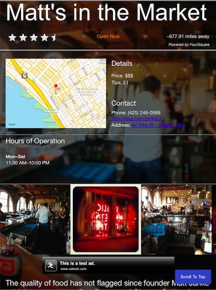A restaurant detail screen with large photography above booking, pickup and delivery actions