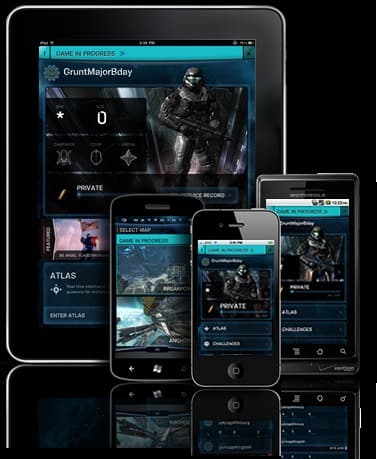 The Halo Waypoint companion app on a dark background, showing player and community content across phone and tablet layouts
