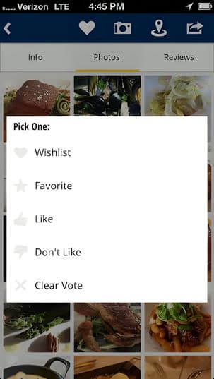 A restaurant screen with wishlist, favorite, like, don't like and clear vote actions listed below the photography