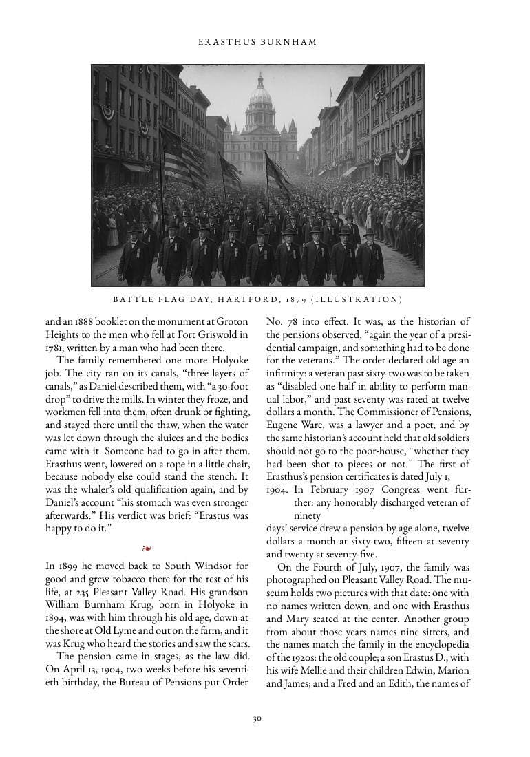An interior page set in two justified columns with a period photograph of Battle Flag Day in Hartford, 1879, a small-caps caption, and body text citing pension records and dates