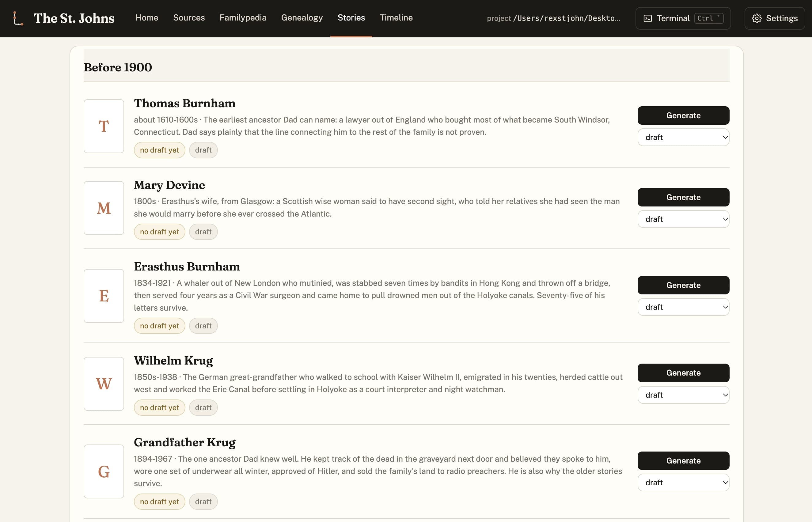 The Stories view, a chronological list of ancestors before 1900, each with a one-paragraph precis assembled from the interviews and a Generate button to draft the full chapter