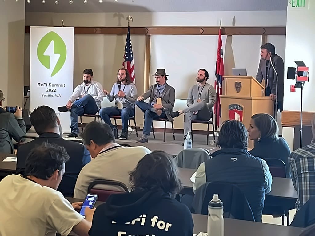 A four-person panel on stage beside the ReFi Summit 2022 Seattle banner