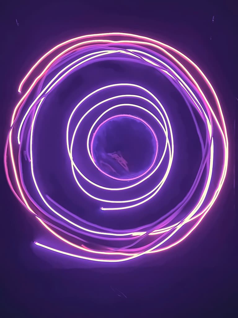 A spiral neon light sculpture in magenta and violet mounted on a dark wall at the venue