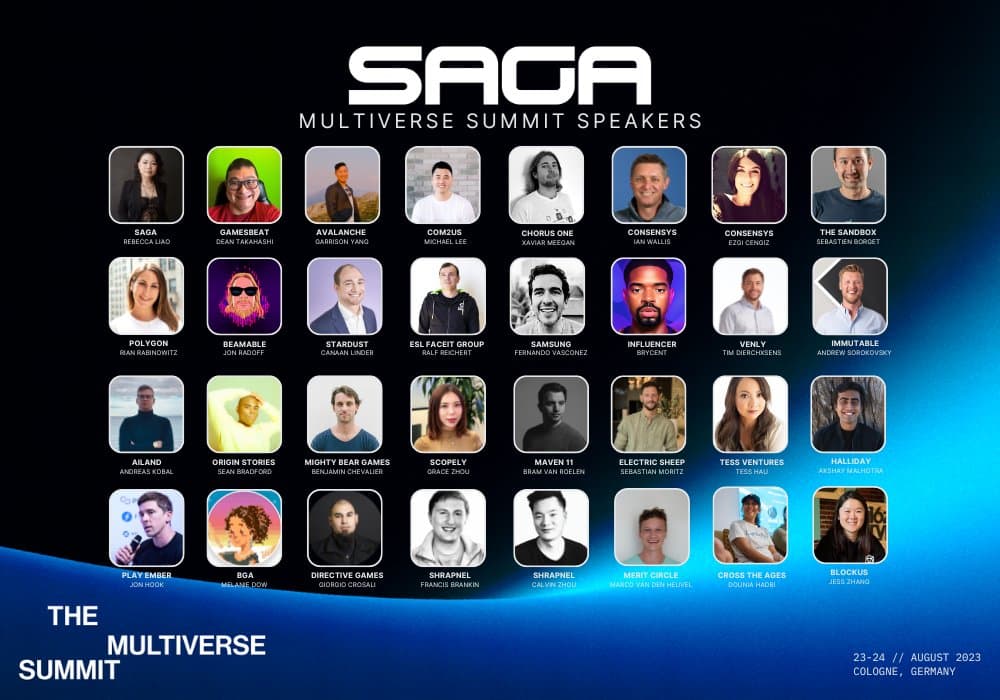 The Multiverse Summit speaker board under the Saga logo, a grid of thirty-two headshots labelled with company and name, including Samsung, Polygon, Avalanche, Immutable, The Sandbox, Consensys, Com2uS, ESL FACEIT Group, Scopely, Chorus One, Shrapnel, Merit Circle and GamesBeat