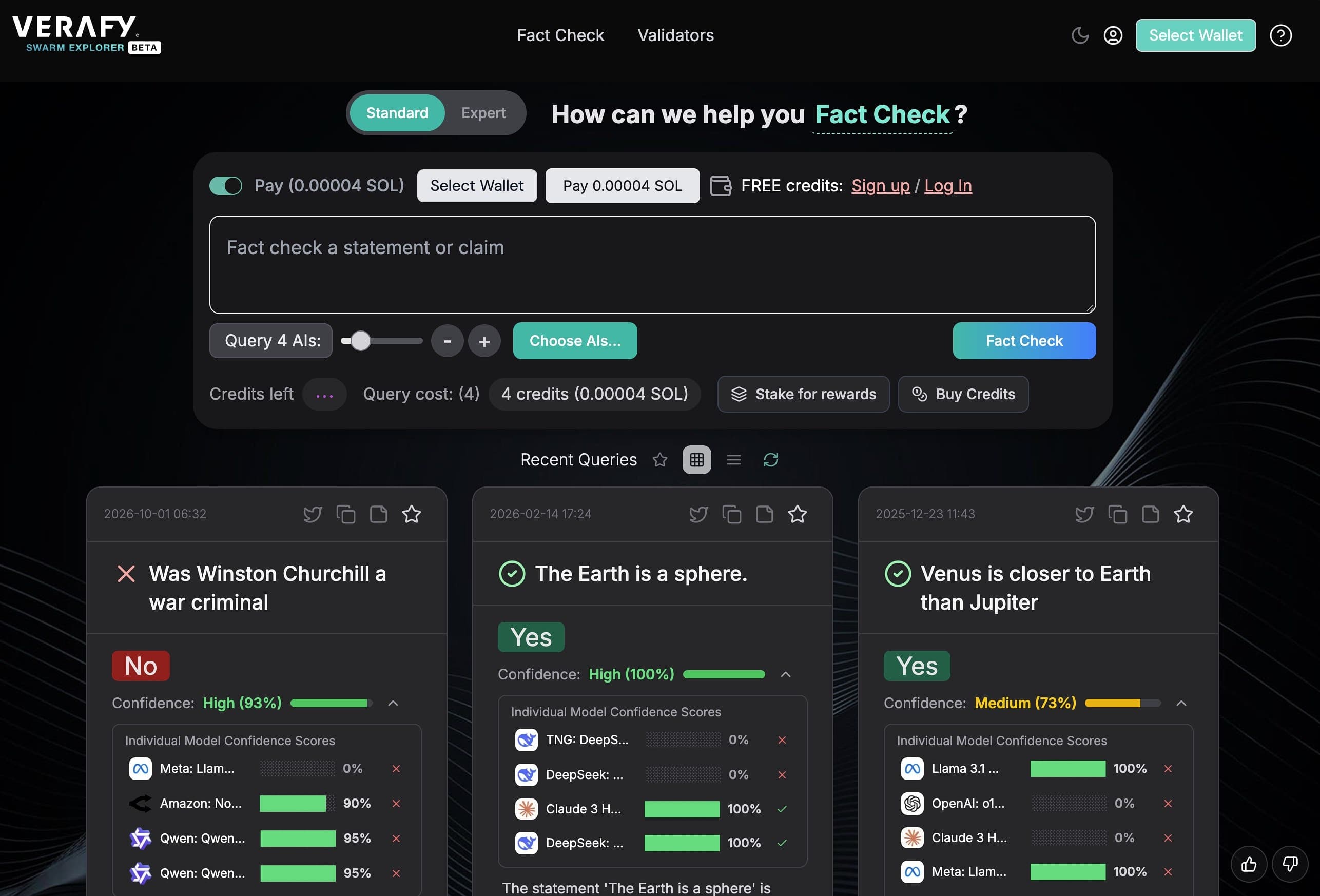 The Swarm Explorer fact-check interface, showing three past queries each with a verdict, a confidence score, and a per-model breakdown where individual models disagree