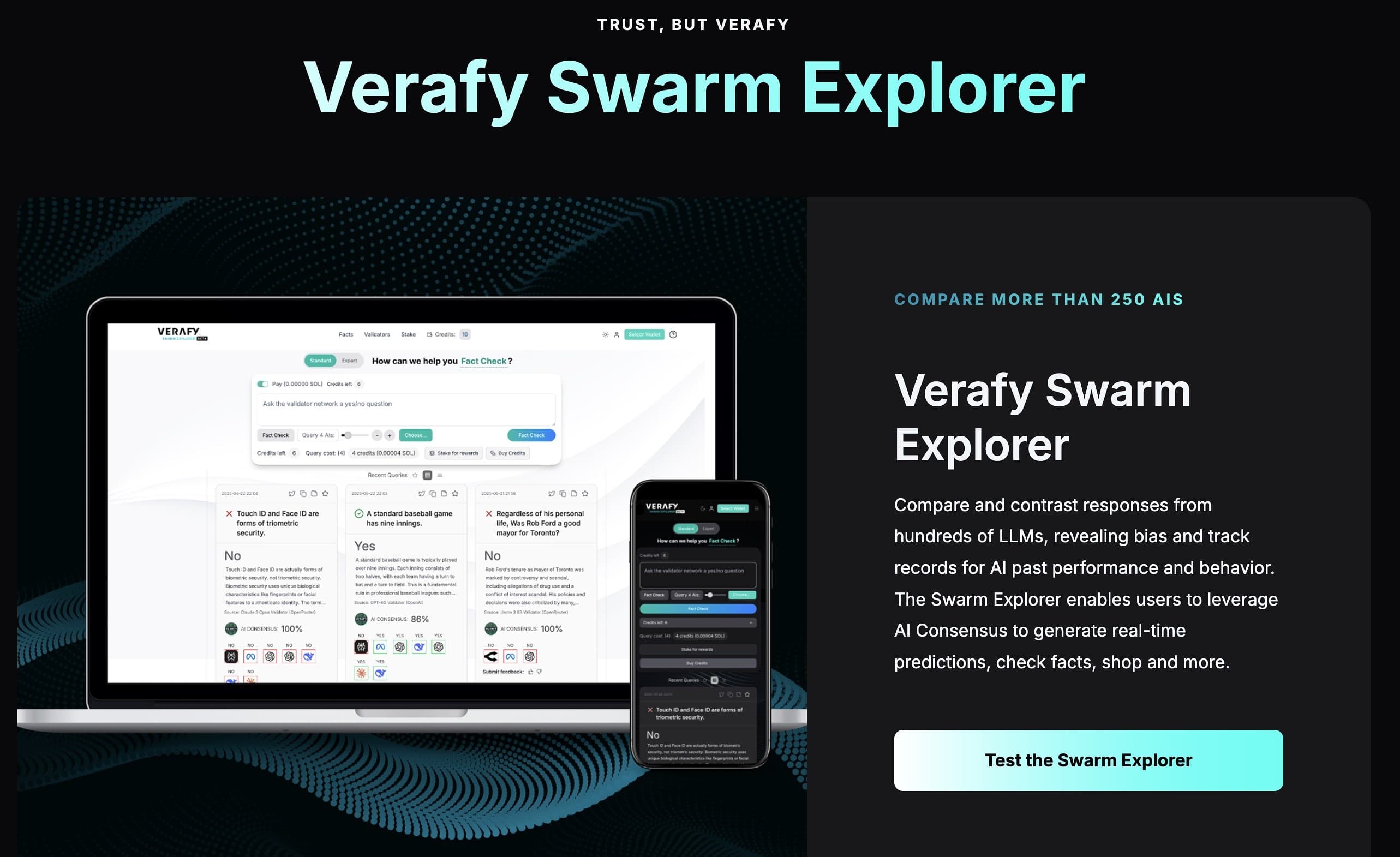 The Verafy Swarm Explorer landing page, showing the product on desktop and mobile beside copy about comparing responses across hundreds of models
