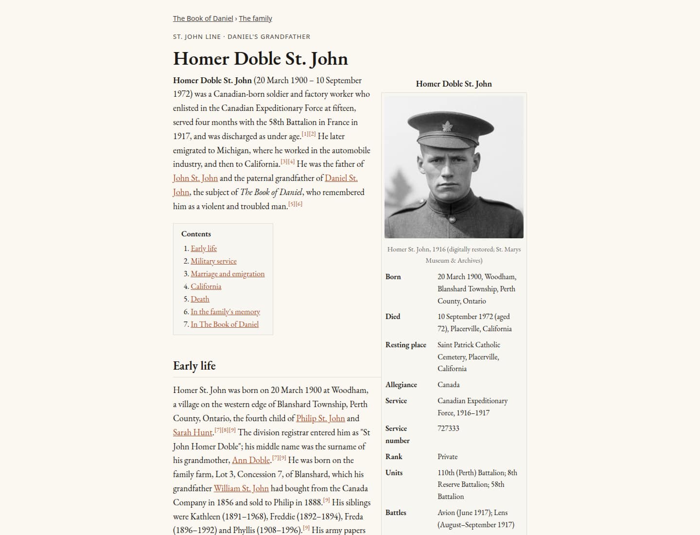 Homer Doble St. John's page, including a 1916 portrait restored from the St. Marys Museum and Archives