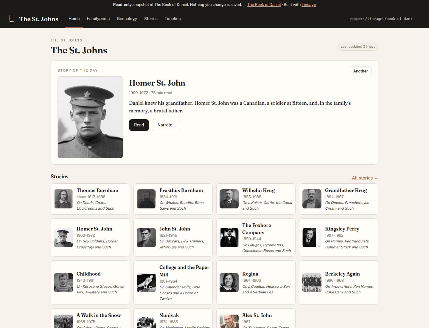 The Lineage archive, chapters on one side and the family on the other