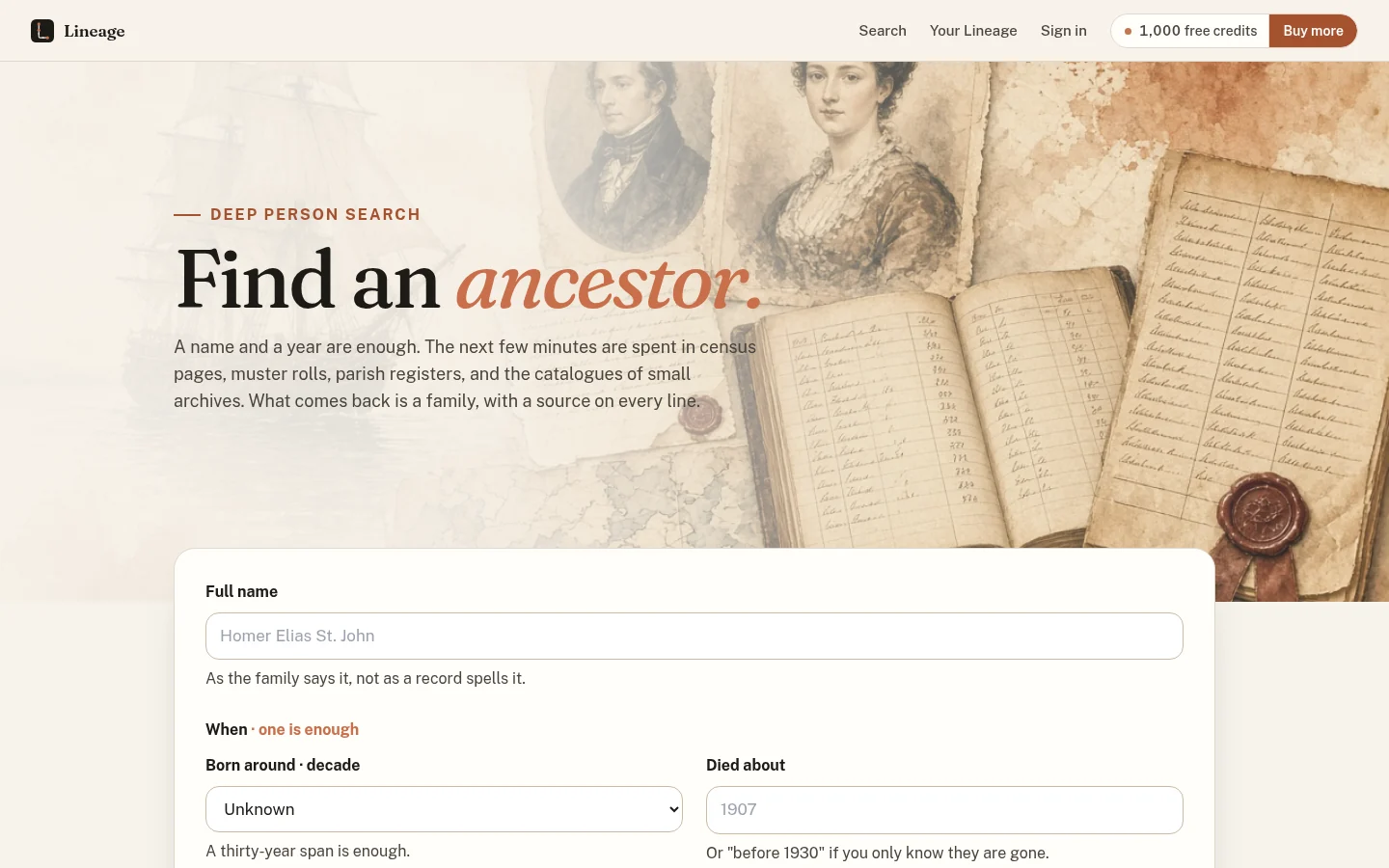 The Lineage Search page on a desktop browser, with the heading Find an ancestor, a short explanation, and a form asking for a full name and a birth decade. The header shows 1,000 free credits and a Buy more button.