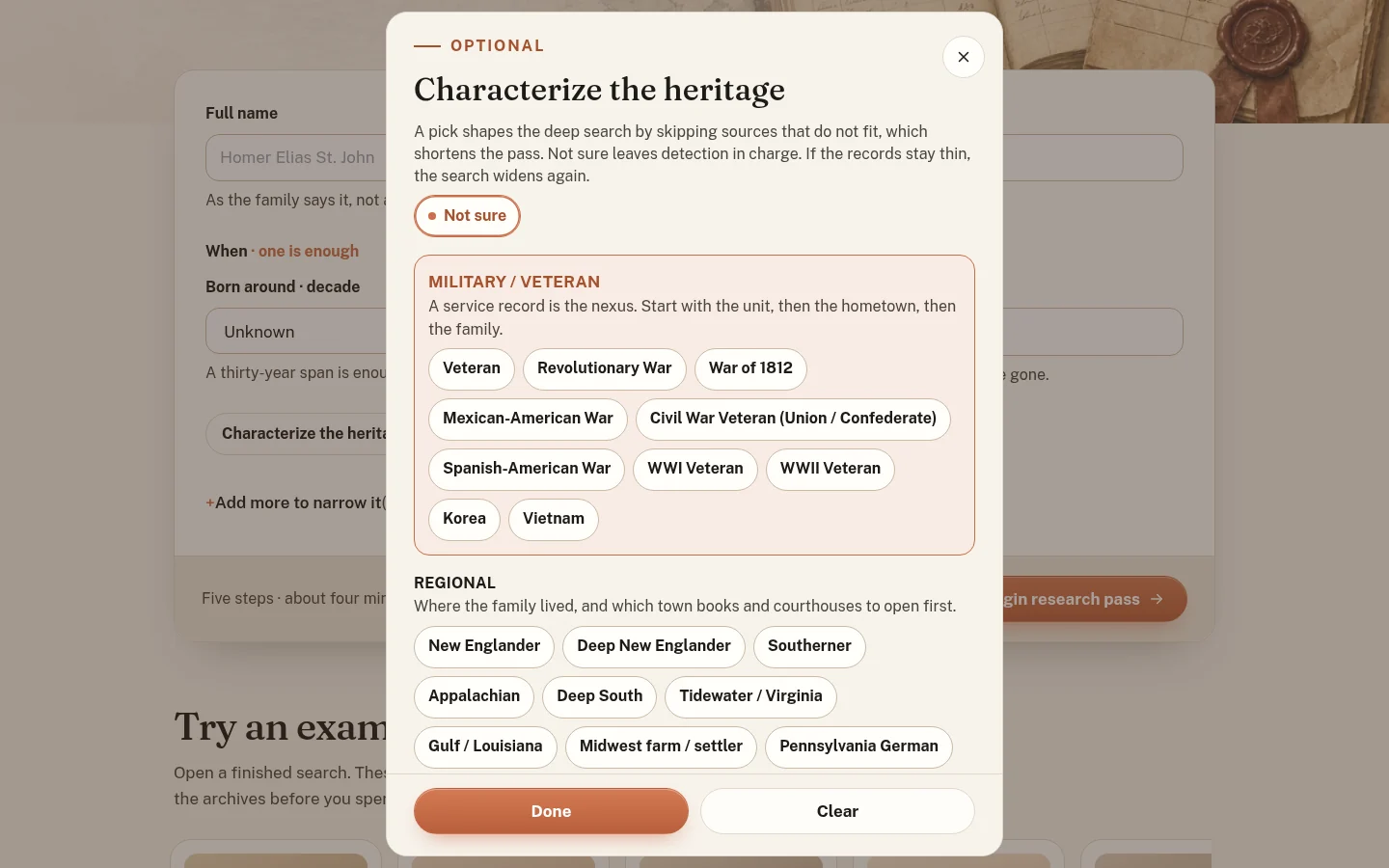 The Characterize the heritage dialog over the search form, showing a Not sure chip, a Military / Veteran group with chips for Veteran, Revolutionary War, War of 1812, Mexican-American War, Civil War Veteran (Union / Confederate), Spanish-American War, WWI Veteran, WWII Veteran, Korea and Vietnam, and the start of a Regional group.