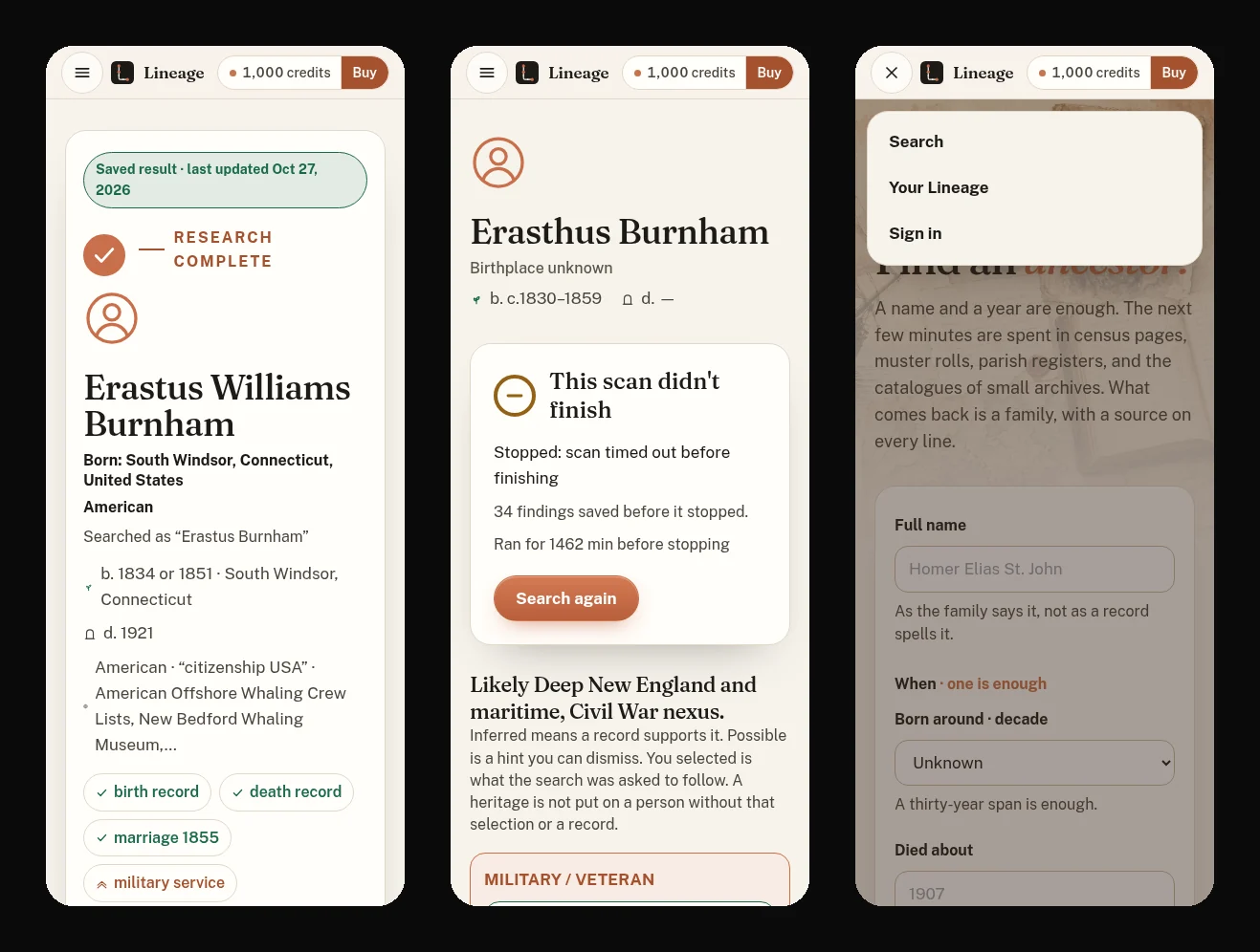 Three phone screenshots side by side. The first shows the saved result for Erastus Williams Burnham, the second shows the This scan didn't finish panel for Erasthus Burnham, and the third shows the open menu with Search, Your Lineage and Sign in.