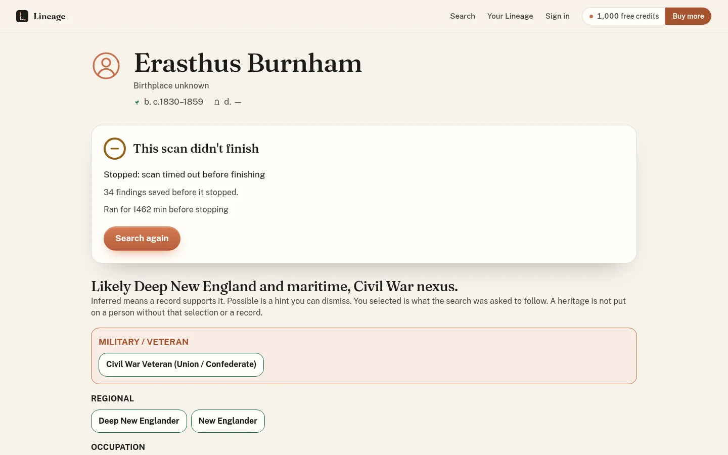 A Lineage result page for Erasthus Burnham with a panel titled This scan didn't finish. It reads Stopped: scan timed out before finishing, 34 findings saved before it stopped, Ran for 1462 min before stopping, and offers a Search again button.