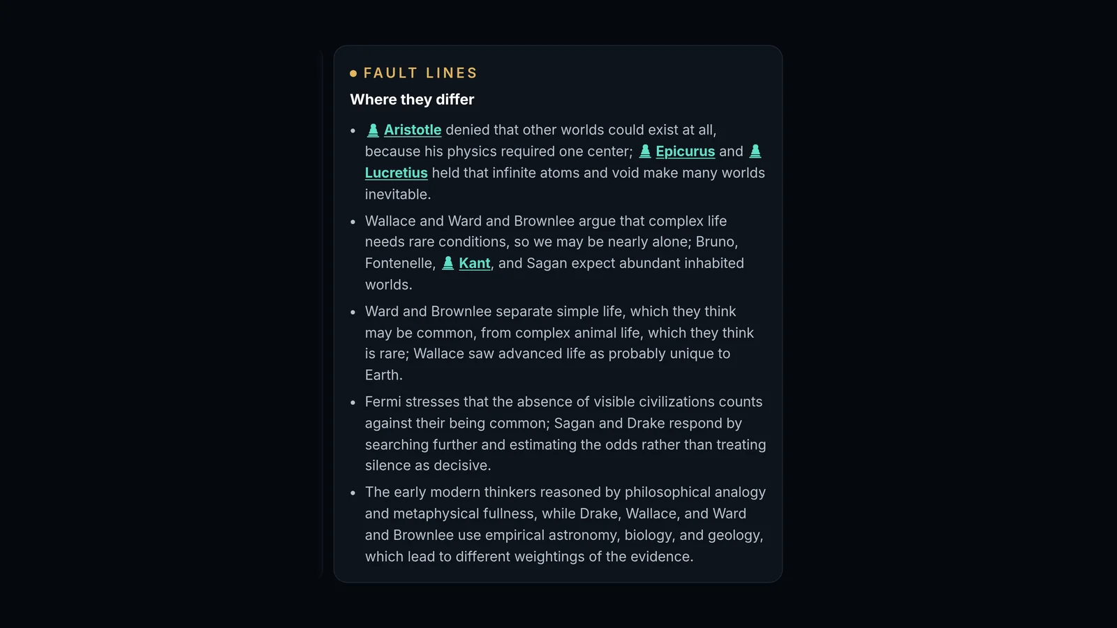 The Fault lines section of a council, with bullets naming Aristotle, Epicurus, Lucretius and Kant as links and describing where their answers split.