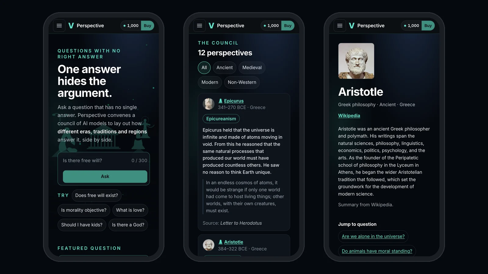 Three phone screenshots of Perspective. The first shows the front page and ask bar, the second shows the Council with 12 perspectives and era filters, and the third shows the Aristotle profile with Jump to question links.