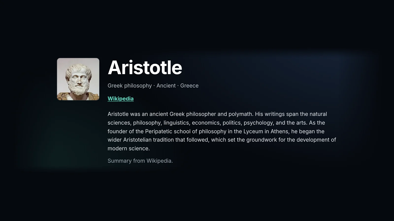The Aristotle profile page with a portrait of a marble bust, the label Greek philosophy, Ancient, Greece, a Wikipedia link, and a paragraph summary followed by the note Summary from Wikipedia.