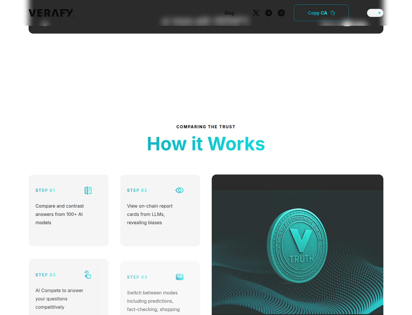How it works on verafy.ai: compare models, then read the on-chain report cards